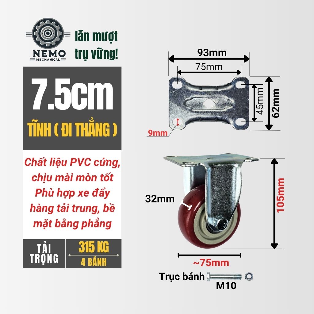 Bánh Xe Đẩy PVC Đỏ Mận – Càng Thép Dày 2.3mm (D75, D100, D125)